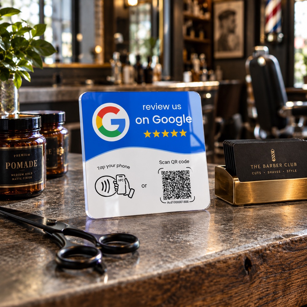 Card NFC per recensioni appoggiata sul bancone in marmo di un barber shop, accanto a forbici e prodotti da barba