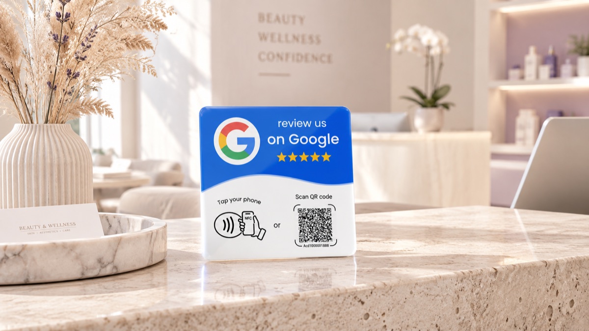 Card NFC per recensioni sul bancone in pietra chiara della reception di un centro estetico