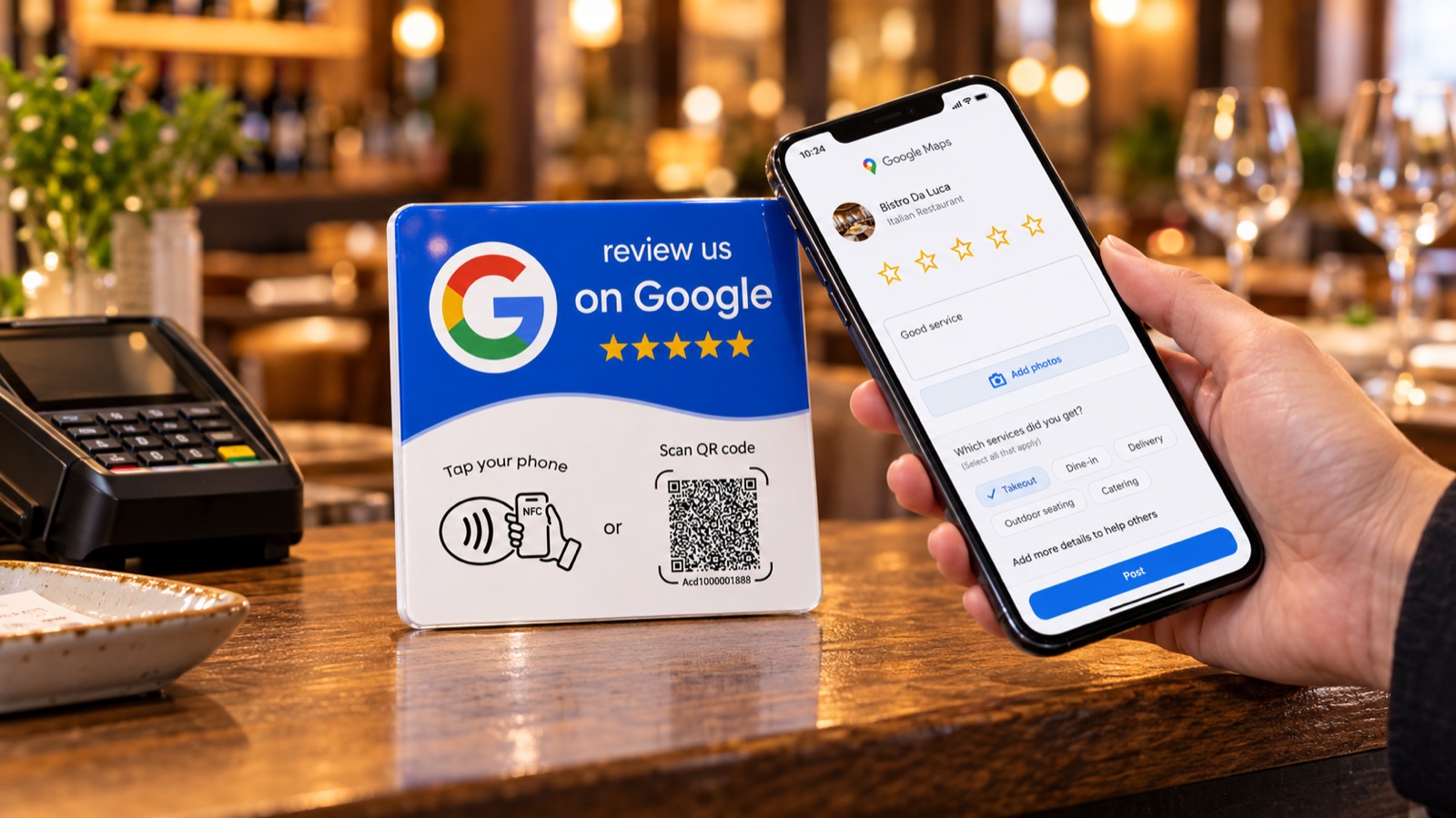 Mano di un cliente che avvicina il telefono alla card NFC sul bancone di un ristorante: sullo schermo si apre la pagina per lasciare la recensione